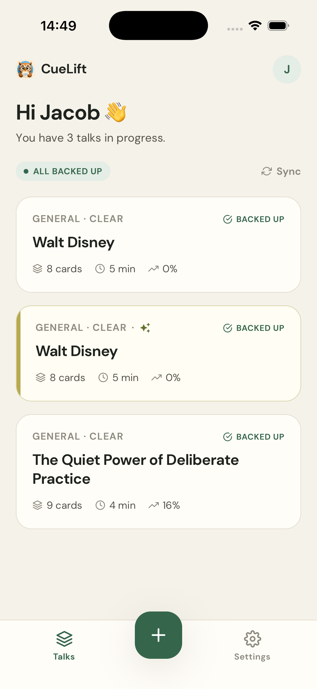 The CueLift home screen showing Talks marked all backed up