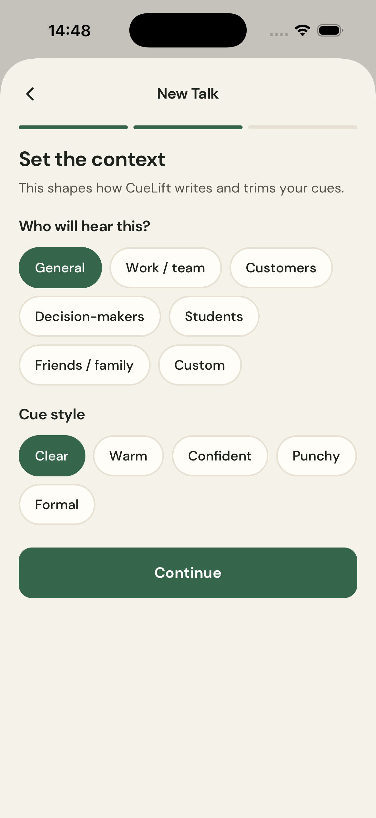 The New Talk context screen with audience and cue style choices