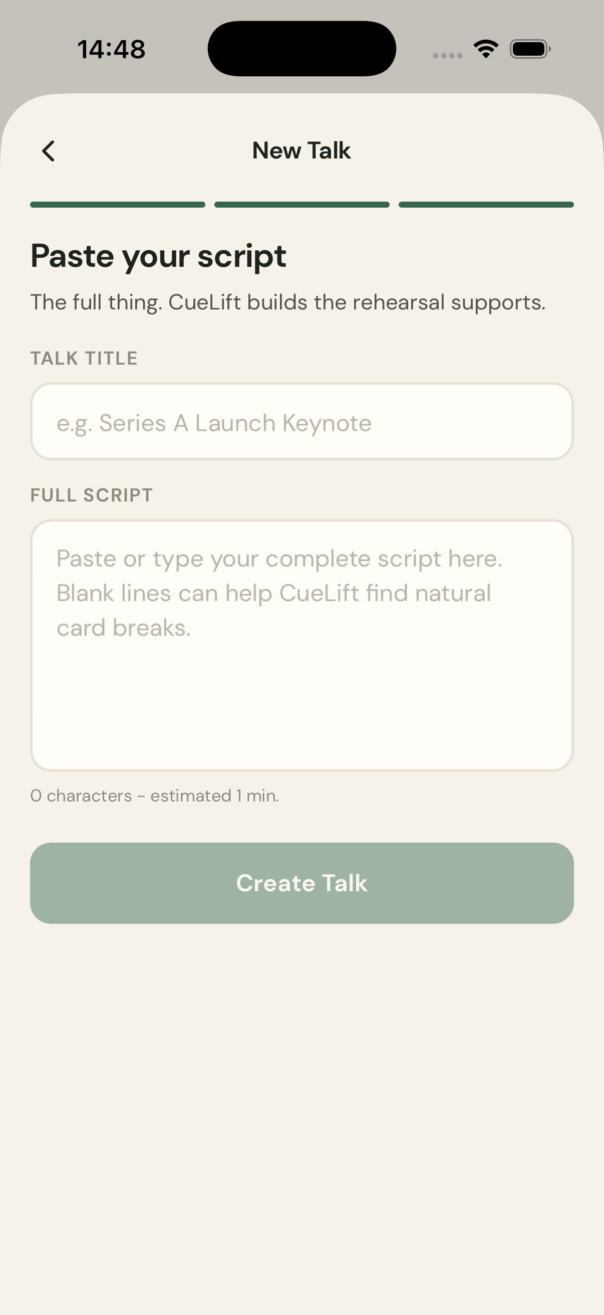 The New Talk script screen with title and full script fields